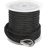 NovelBee 1/2 Inch X 150 Feet Double Braid Nylon Anchor Line with Stainless Steel Thimble and Plastic Chuck
