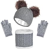 Kids Winter Hat Gloves Scarf Set, Knit Beanie with Pompom for Girls Boys Neck Warmer Thick Fleece Lining Thermal 2-10 Toddler