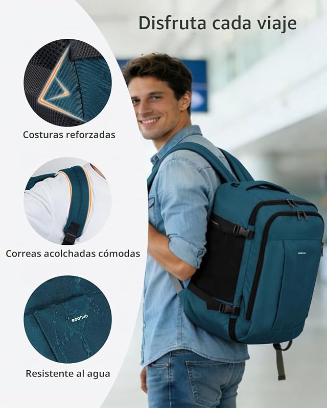 Mochila de 30L 45x36x20 Easyjet, mochila de viagem com avião de cabine com 13 bolísillos, mochila debaixo do assento, mala de viagem reciclada por PET para homens e mulheres, patenteada (azul, verde)