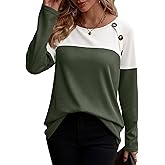 Zeagoo Women Waffle Knit Shirts Long Sleeve Colorblock Tee Button Detail Tunics