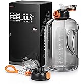 Feeljuly 64 OZ Water Bottle with Straw, Half Gallon Water Bottle Times to Drink, Reusable Leak Proof Water Jug Handle with Strap, 2 Lids BPA Free for Fitness Gym Camping (Grey, 64 Ounces)
