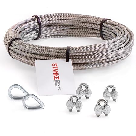 Seilwerk STANKE Rankhilfe Edelstahldrahtseil 20m V4A Edelstahlseil 2mm 7x7, 2x Kausche V4A, 4x Bügelformklemme V4A - SET 1