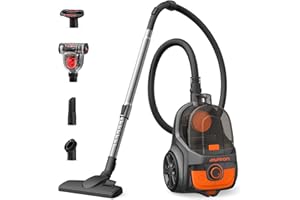 Aspiron Upgraded Canister Vacuum Cleaner, 1200W Bagless Vacuum Cleaner, 3.7Qt Large Capacity, Auto Cord Rewind, Double HEPA Filter, 5 Tools for Hard Floors, Carpet, Pet, Upholstery, Tiles, Car, Orange