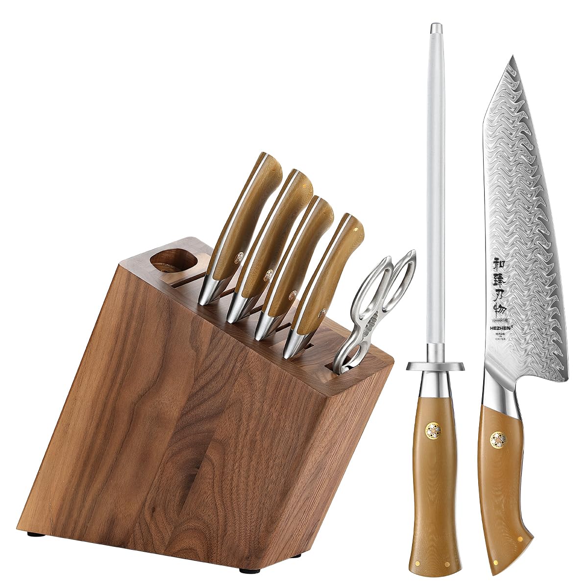 Photo 1 of HEZHEN 8-Piece Knife Block Set, 67 Layers Damascus Steel Knife Set with Block, Kitchen Scissor-Sharpner Rod, Professional Knife Sets for Chefs, Linen Micarta Handle, Gift Packing