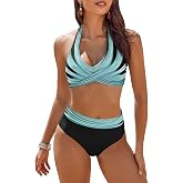 AI'MAGE Women's High Waisted Bikini Sets Two Piece Swimsuits Bathing Suits | Tummy Control Beach Swimwear, Wrap Front Halter V Neck, Contrast Color Block, Modest for Beach Vacation,Pool