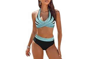 AI'MAGE Women's High Waisted Bikini Sets Tummy Control Swimsuits 2025 Two Piece Bathing Suits Color Block Halter Swim Suits