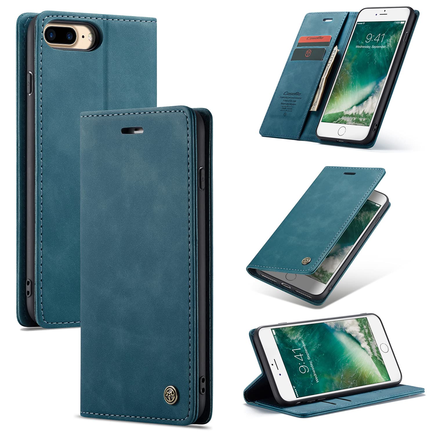 UEEBAI Wallet Case for iPhone 7 Plus iPhone 8 Plus, Premium PU Leather Case Vintage Matte Wallet Flip Cover [Card Slots] [Magnetic Closure] Stand Function Folio Shockproof Full Protection - Blue — image 1