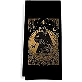 GWFSJYU Gothic Tarot Cat Kitchen Towels, Witchy Black Gold Dish Tea Towels for Kitchen, Witchy Cat Gifts for Cats Lovers Women, Cats Decorative Hand Towels for Bathroom, 16x24 Inch