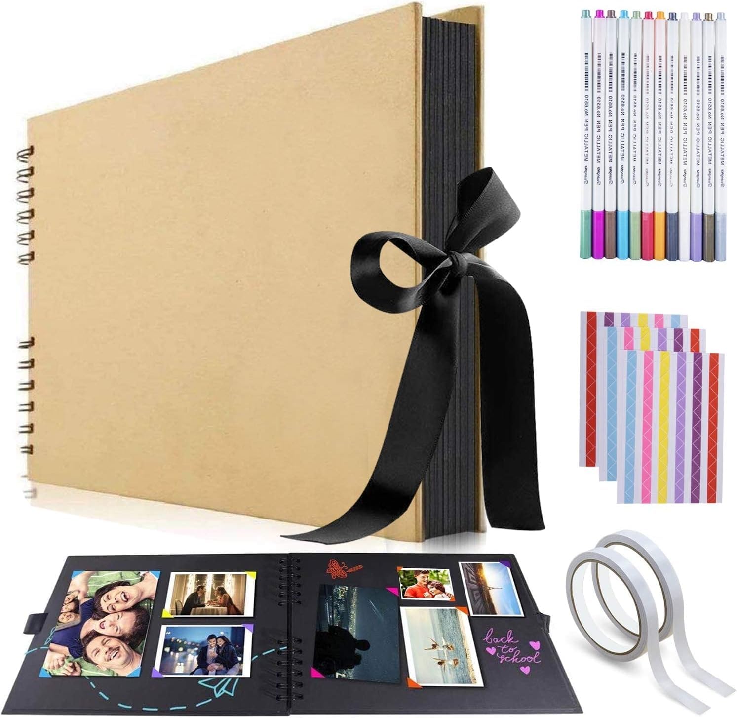 Photo Albums, Scrapbook Photo Albums with 12 Metallic Marker Pens DIY Memory Album 80 Pages A4 Craft Paper 12.6x8.3inch for Family Wedding Anniversary Baby Gift (Brown with Box)
