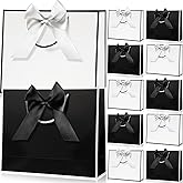 Supervitae 12pcs Thank You Gift Bags with Handles 11.8 x 4 x10 Inch Medium Large Paper Gift Bags with Bow Ribbon for Wedding Birthday Baby Shower Bridesmaid Party(Black,White)