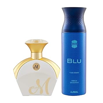 Maryaj M White for Her Eau De Parfum Floral Fruity Perfume 90ml for Women and Ajmal Blu Homme Deodorant Aquatic Woody Fragrance 200ml for Men + 2 Parfum Testers FREE