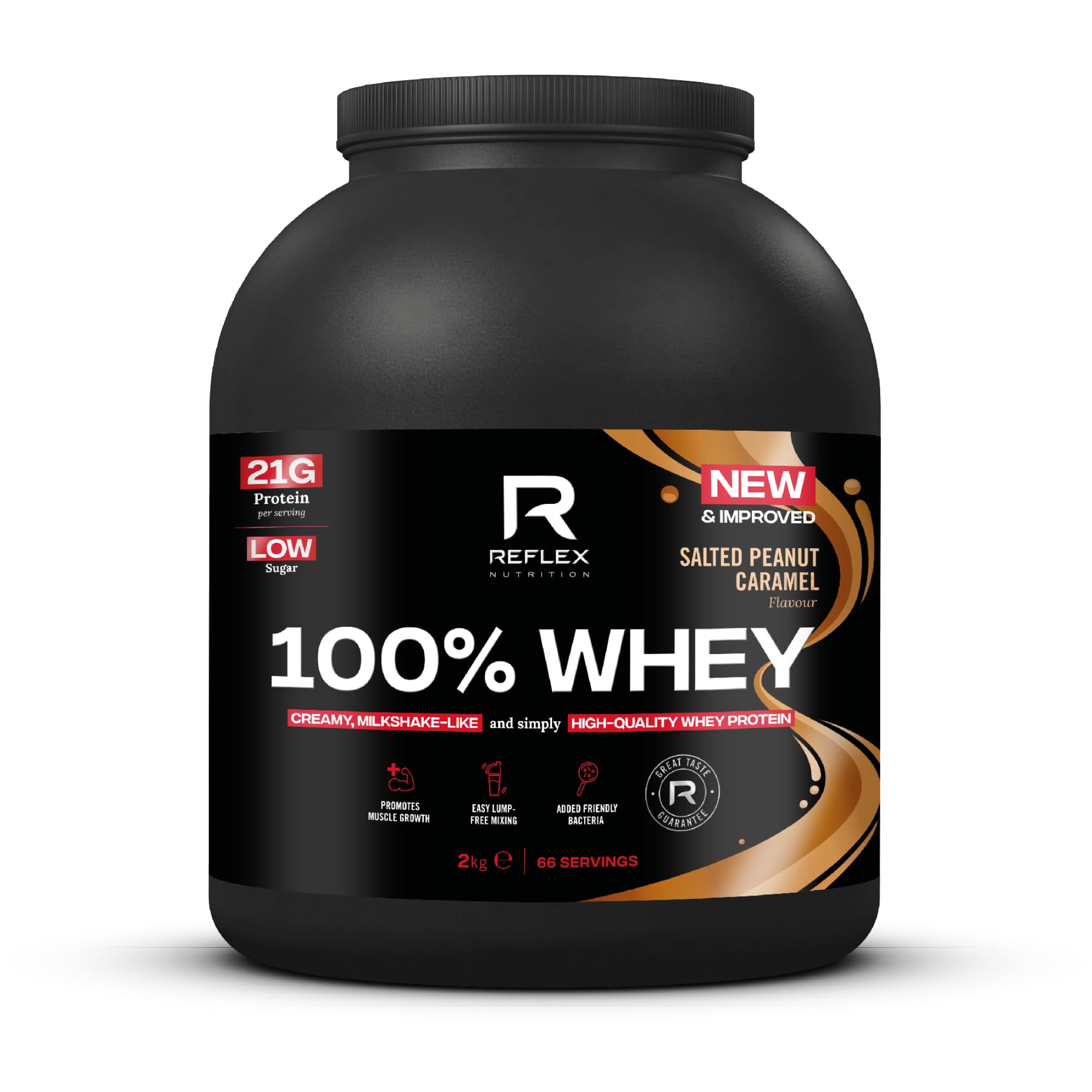 Reflex Nutrition 100% Whey Protein - 80% Pure Whey Protein - EAA Amino Acids - No Added Sugar - Whey Protein Powder for Pre Workout & Post Workout Recovery (Salted Peanut Caramel, 2kg, 66 Servings)