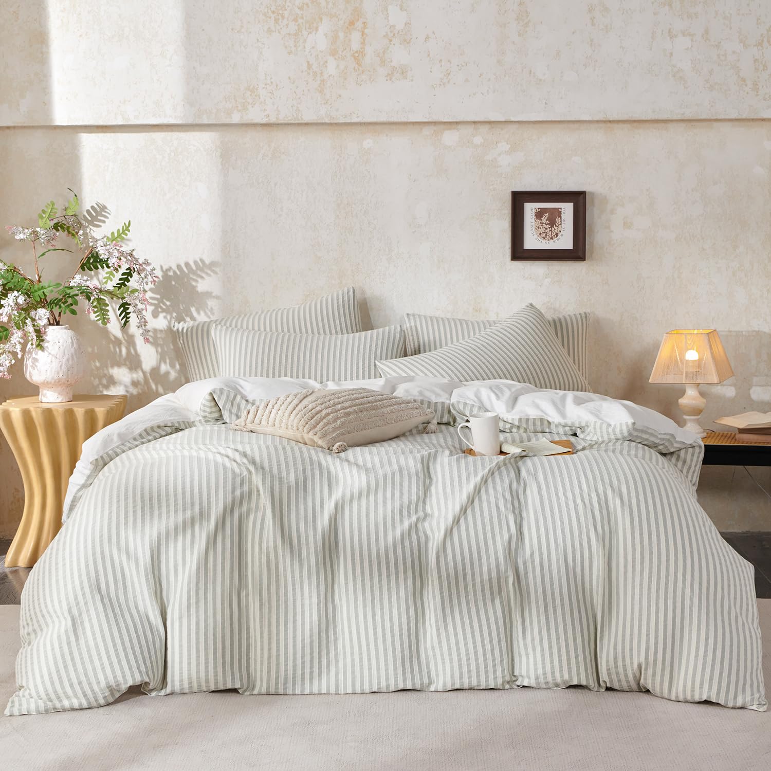 Condition photo showing As Is for bupird king size comforter set sage green striped 100% soft washed cotton jacquard 3 pieces striped
