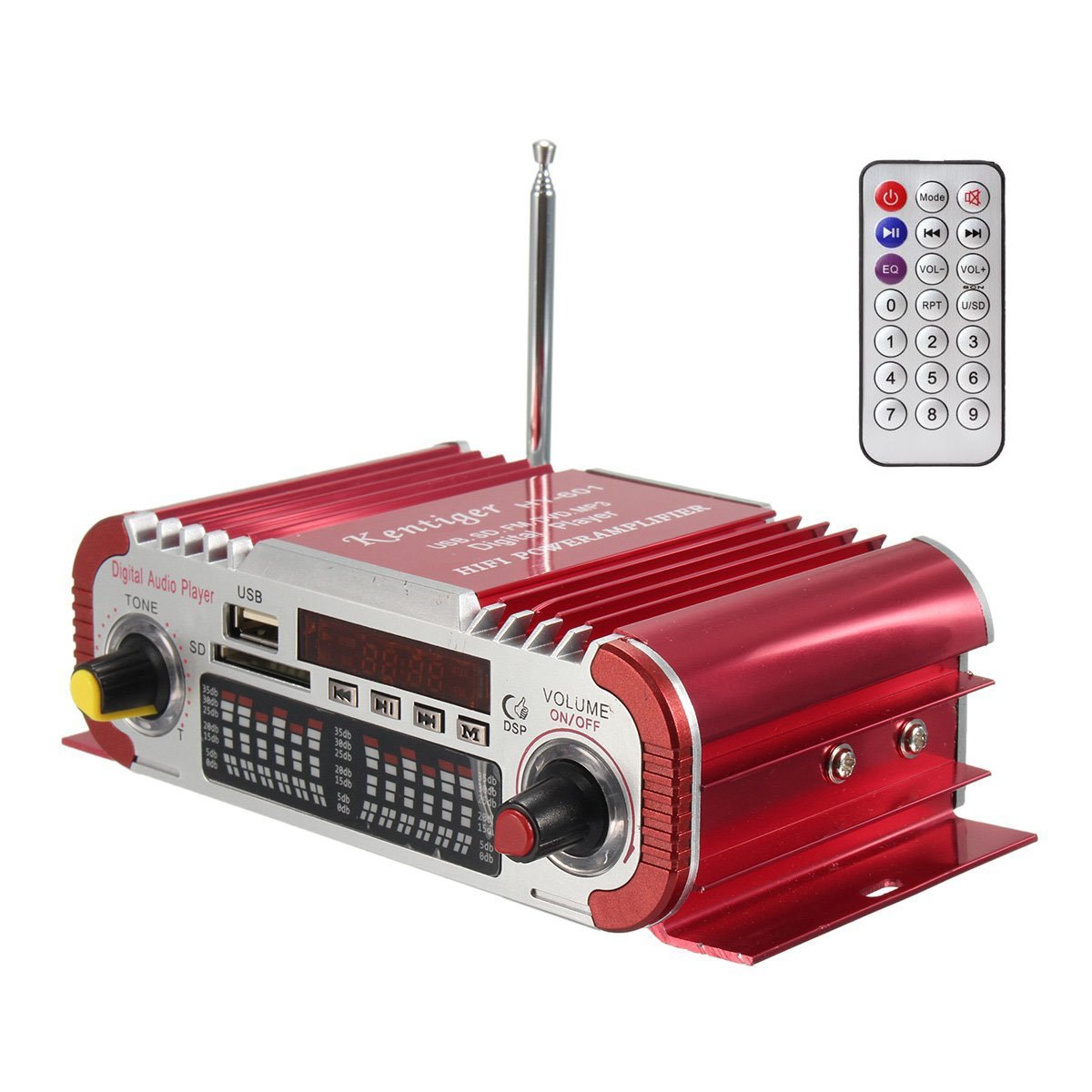 DollaTek 2 Channels Hi-Fi Mini Digital Motorcycle Auto Car Stereo Power Amplifier Sound Mode Audio Music Player Support USB/FM/SD for Motorcycle Car Auto CD DVD DC 12V Input - Red — image 1