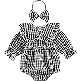 Karuedoo Newborn Baby Girl Clothes Gingham Plaid Bubble Romper Long Sleeve Ruffle Bodysuit with Headband Spring Fall Outfit