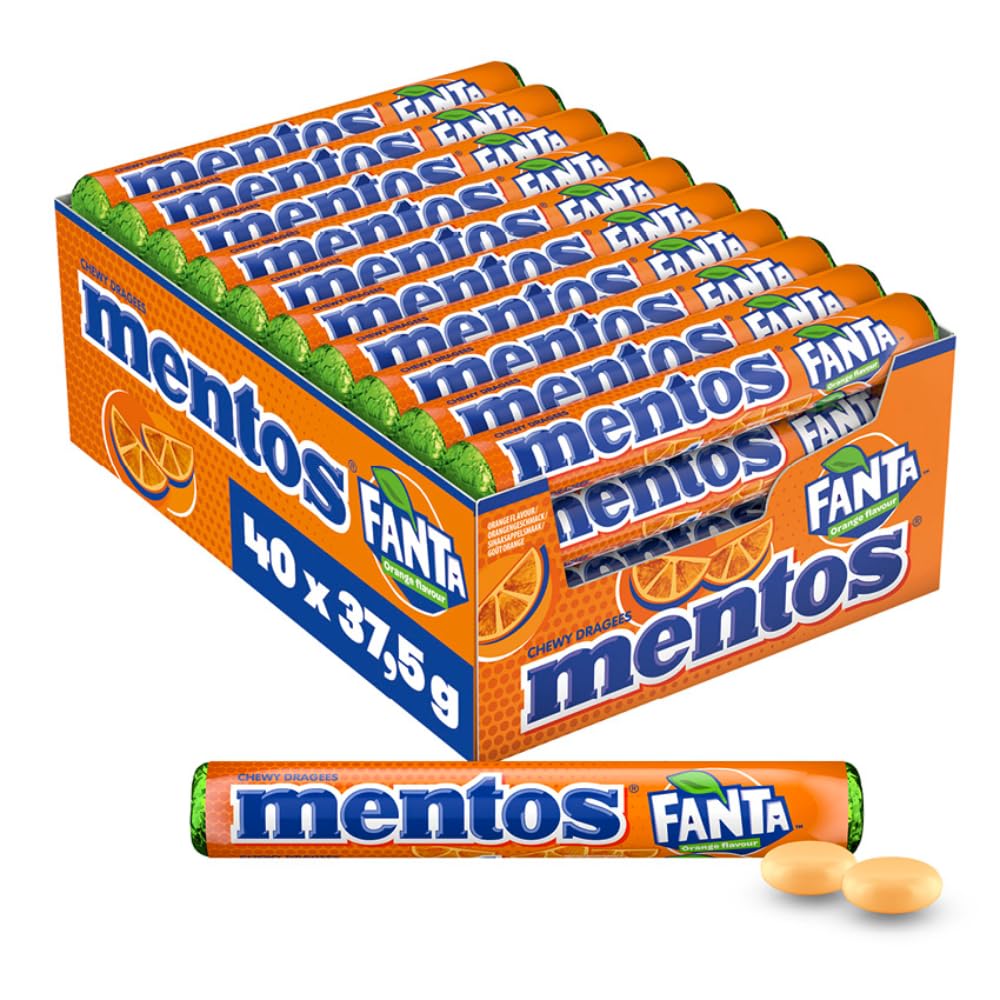 Mentos Fanta Dragees, Frucht-Bonbons mit Original Fanta-Flavour, Kaubonbons mit fruchtigem Orangen-Limonaden Geschmack, Süßigkeiten Multipack (40 Rollen), vegan