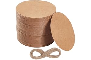 SOFPLATE 200Pcs Round Kraft Paper Tags Craft Paper Name Tags with 20m/65.62 Feet Jute Cord Flat Round Circle Blank Burlywood 