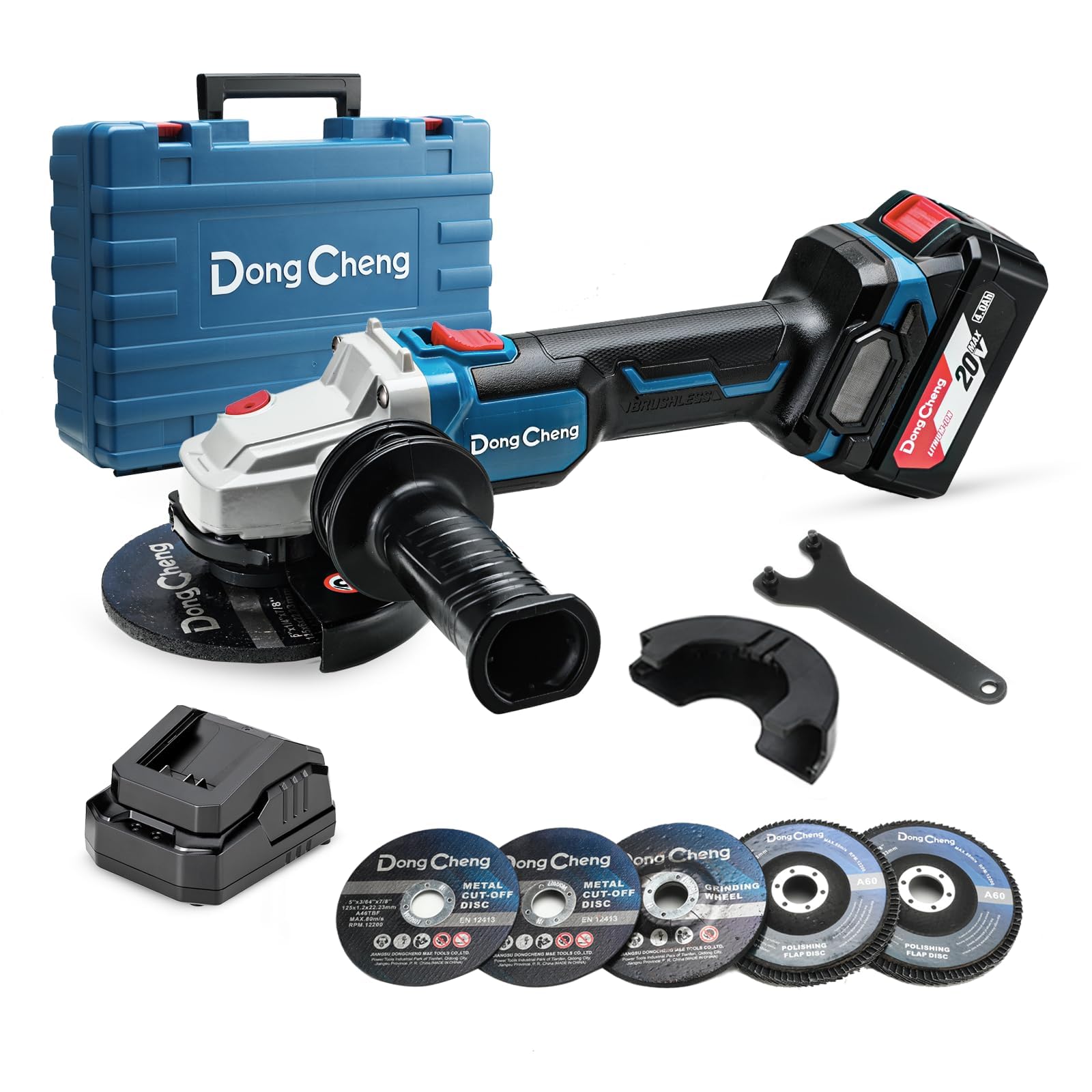 Dong Cheng Dongcheng Meuleuse D'Angle Sans Fil 18 V, Ø De Disque125 Mm, 630 W, Profondeur De Coupe 33 Mm, Meuleuse Augulaire Sans Balais Poignée Anti-Vibration, Couvercle À Dégagement Rapide Avec Batterie 4.0Ah