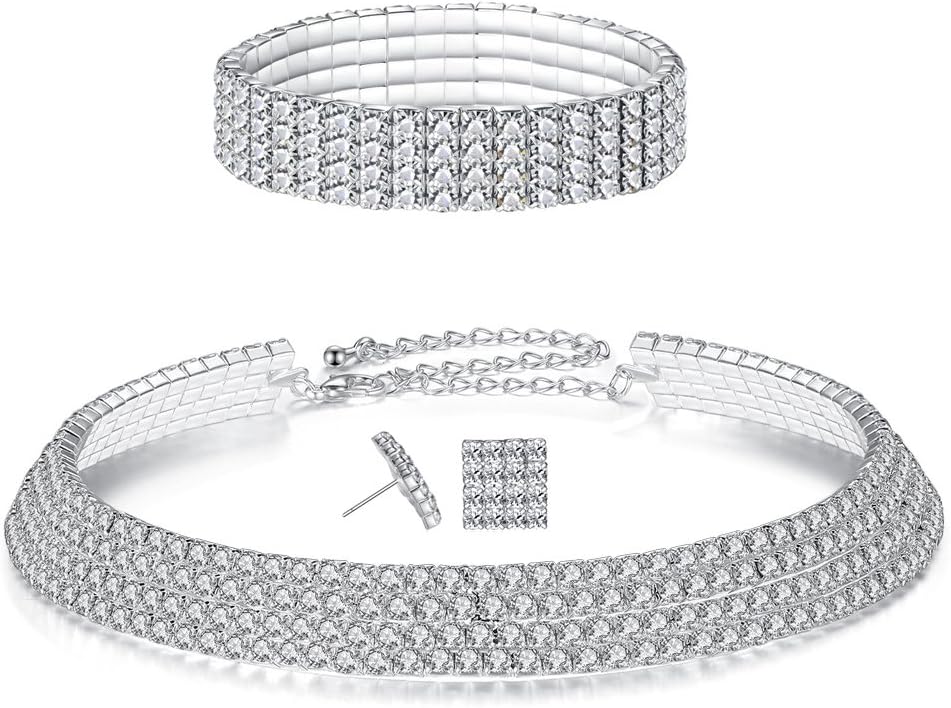 FANCY LOVE Circle Crystal Rhinestone Bridal Necklace Earrings and Bracelet Jewelry Sets (4 row silver)