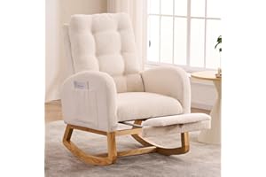 NIOIIKIT Nursery Rocking Chair, Linen Upholstered Glider Chair with Footrest, Tufted Rocker Recliner with Side Pocket, Comfy Recliner Glider, Accent Chair for Living Room (Beige Teddy)