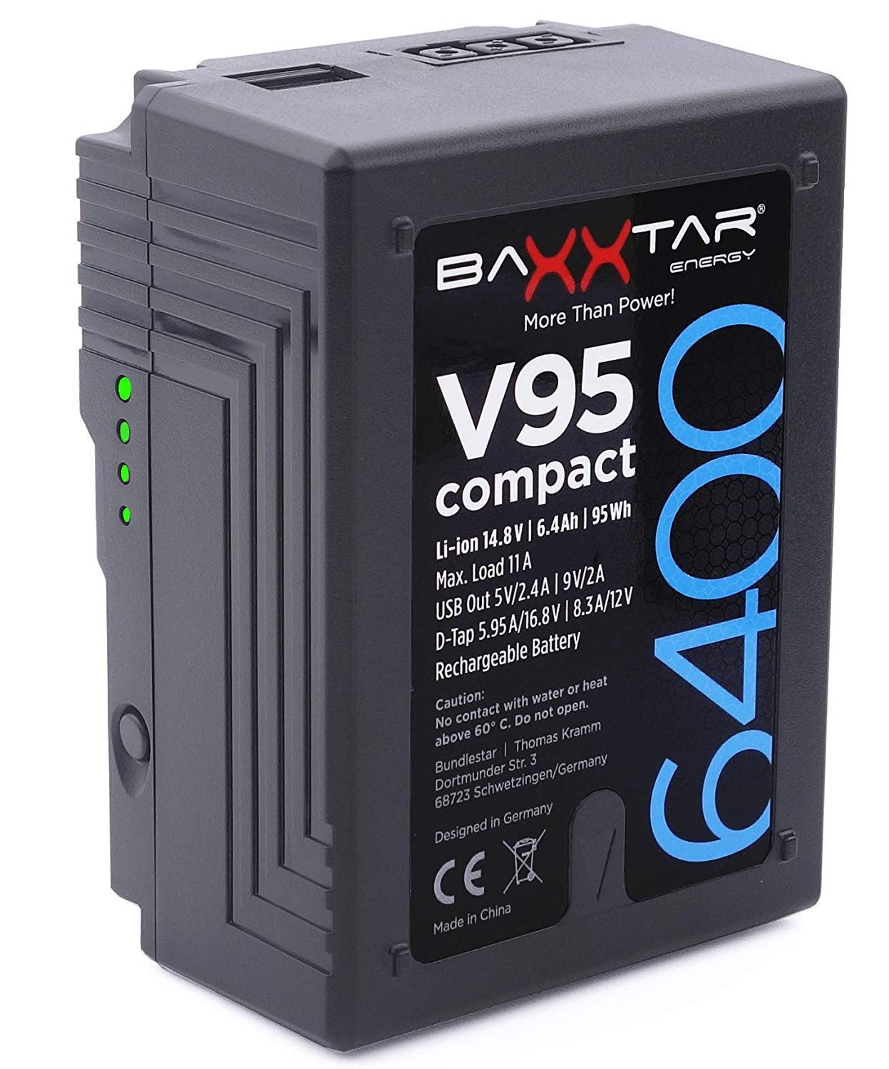 Baxxtar Pro II V-Mount Battery V95 Compact – LG Cells Inside (6400mAh 95Wh) – D-Tap/USB / (7.5 x 5 x 10.5 cm)