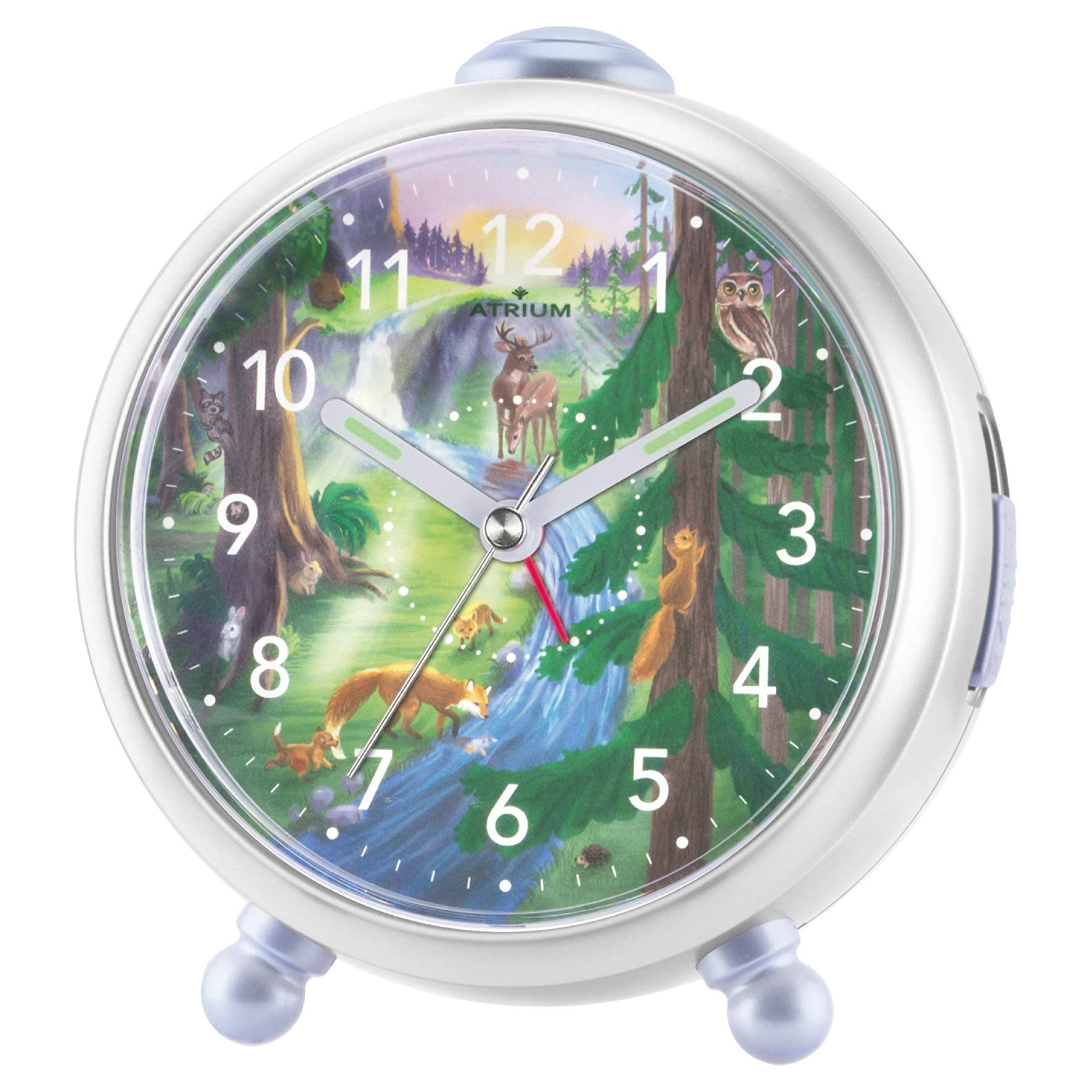 Atrium Children's Alarm Clock Girls Boys Fox & Friends Forest Animals Green Blue White Analogue Quartz without Ticking with Light and Snooze A932-3