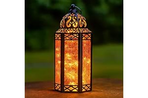VELA LANTERNS 10.5" Metal Moroccan Decorative LED Fairy Lights Candle Lantern Holders for Indoor Home Fantasy Decor, Halloween Table Centerpieces, Outdoor Patio or Porch, Weddings, Amber, Medium