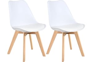 LSSBOUGHT Mid Century Modern Dining Chairs,Shell Lounge Plastic Side Chair with Soft Padded and Wooden Legs for Dining Room Living Room Bedroom Kitchen Set of 2 (White)