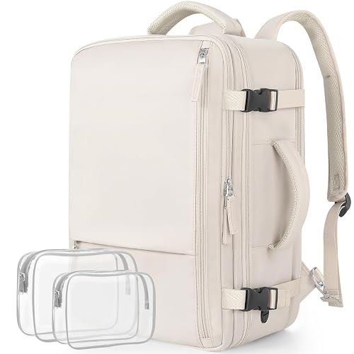 Snoffic Travel Laptop Backpack for Men Women, 17.3 Inch Carry-On Backapck, Beige, 16.53 x 11.41 x 7.87 inches(L x W x D), Travel Backpacks