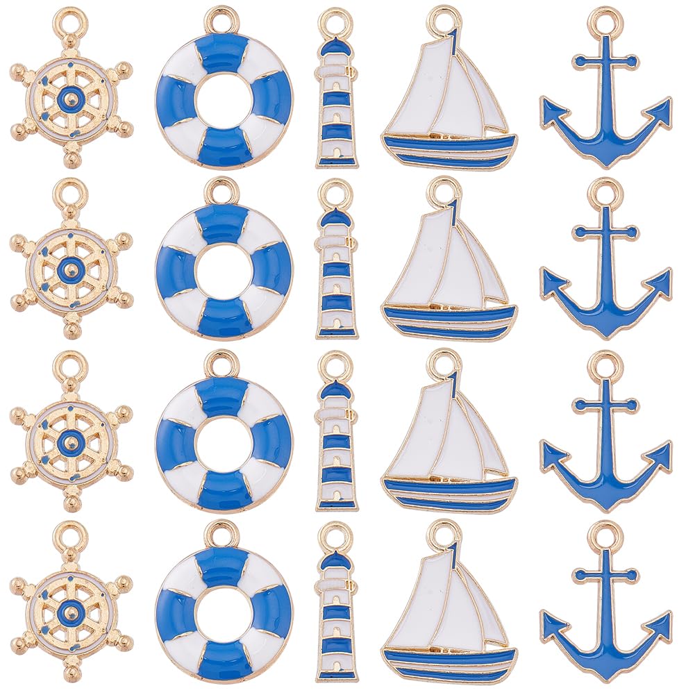 SUNNYCLUE 60Pcs Nautical Anchor Charms - 5 Styles Ocean Blue Sea Sailor Ship Boat Navy Beacon Summer for Jewelry Making DIY Necklaces Earrings Bracelets