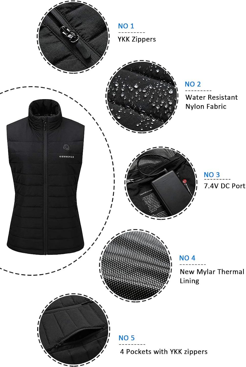 Venustas Women's Heated Vest with Battery Pack 7.4V, Heated clothes for women: Clothing