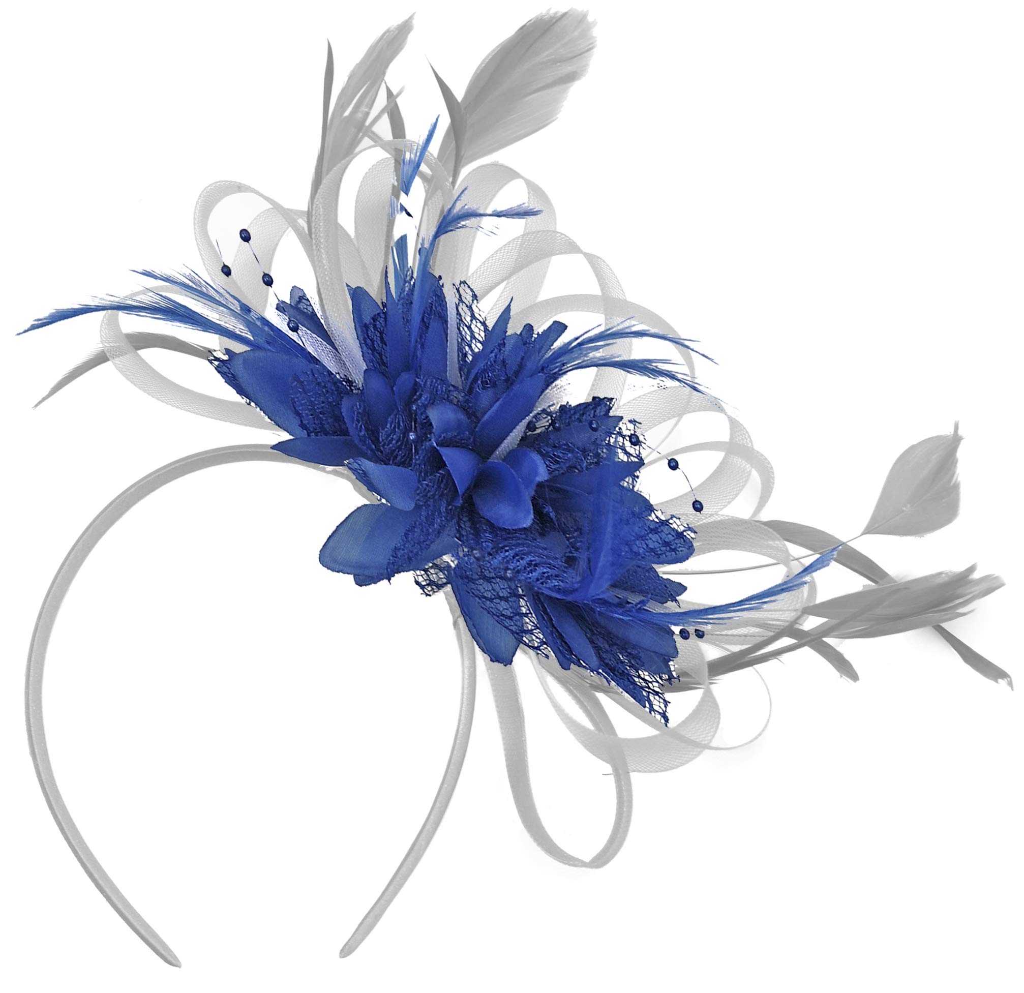 Caprilite Silver and Royal Blue Net Hoop Feather Hair Fascinator Headband Wedding Royal Ascot Races