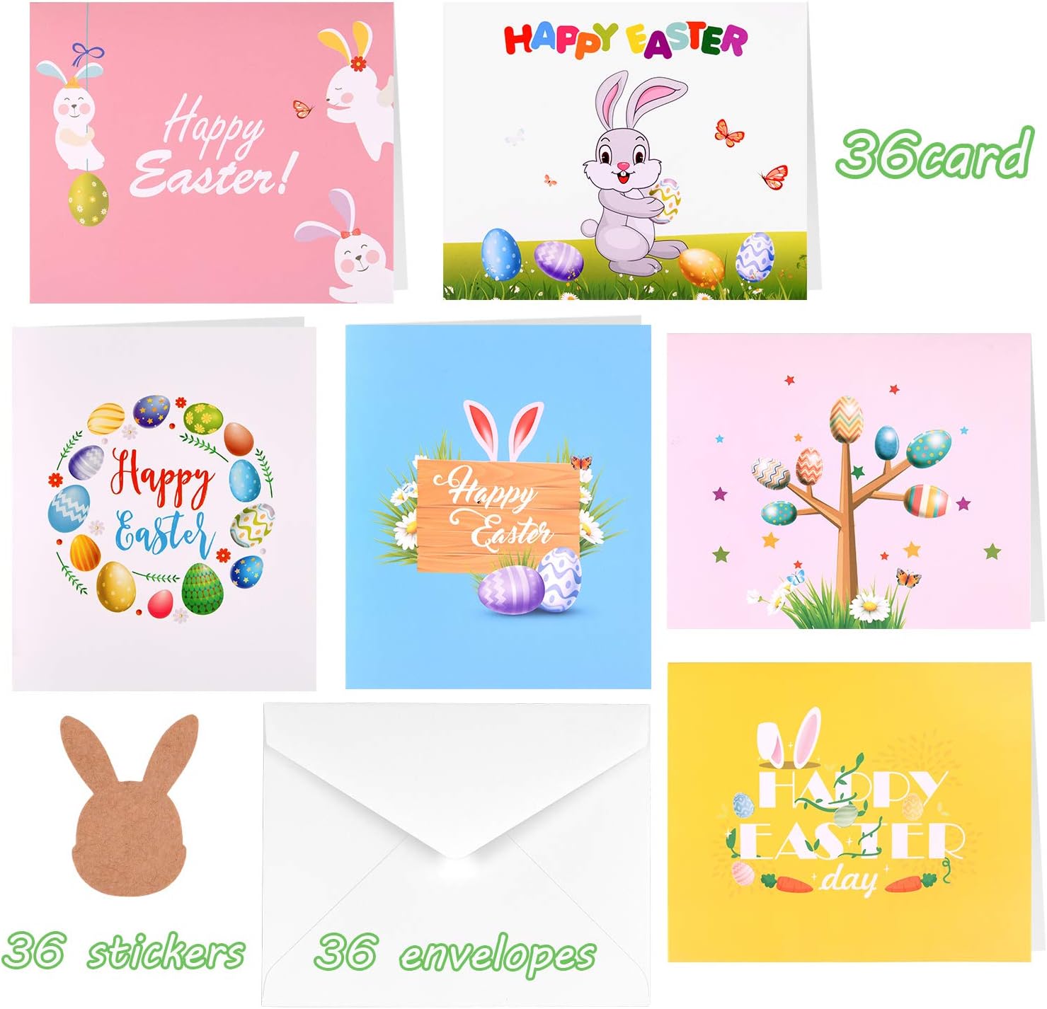 TUPARKA 36 Pcs Happy Easter Cards Easter Bunny Easter Egg Easter Rabbit Design Easter Greeting Cards with 36 Envelopes and Sticker for Kids - Image 3