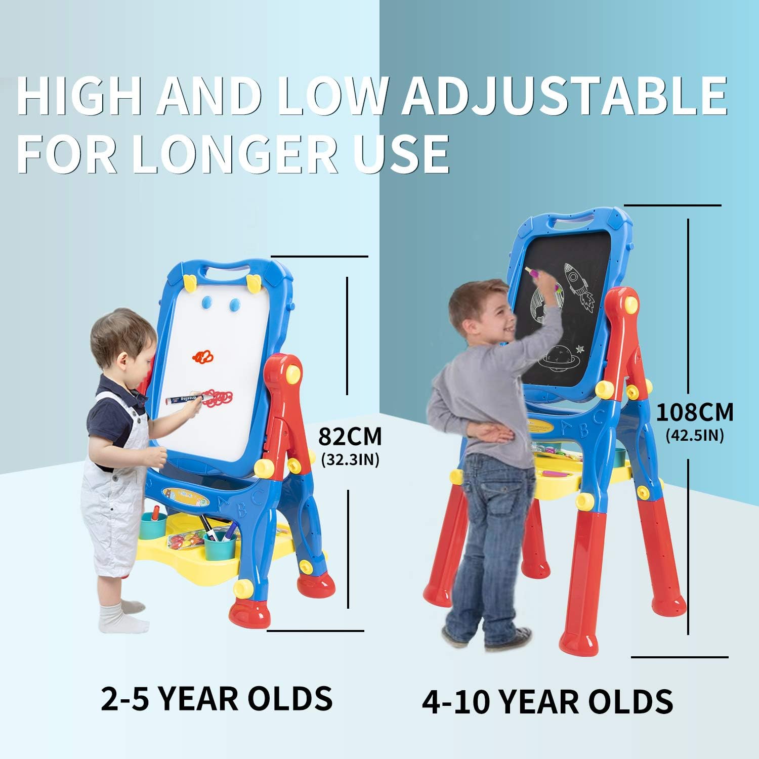 Easel for Kids Toddler Easel Dry Erase Board and Chalkboard Double Sides Height Adjustable Drawing Board with Extra Accessories for 3-5 Year Old Boys and Girls: Home & Kitchen