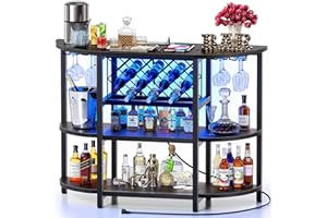 Zarler Bar Table Cabinet with Power Outlet, LED Home Mini Bar Cabinet for Liquor, Metal Wine Bar Stand with 4-Tier Storage, Easy to Assemble, Black