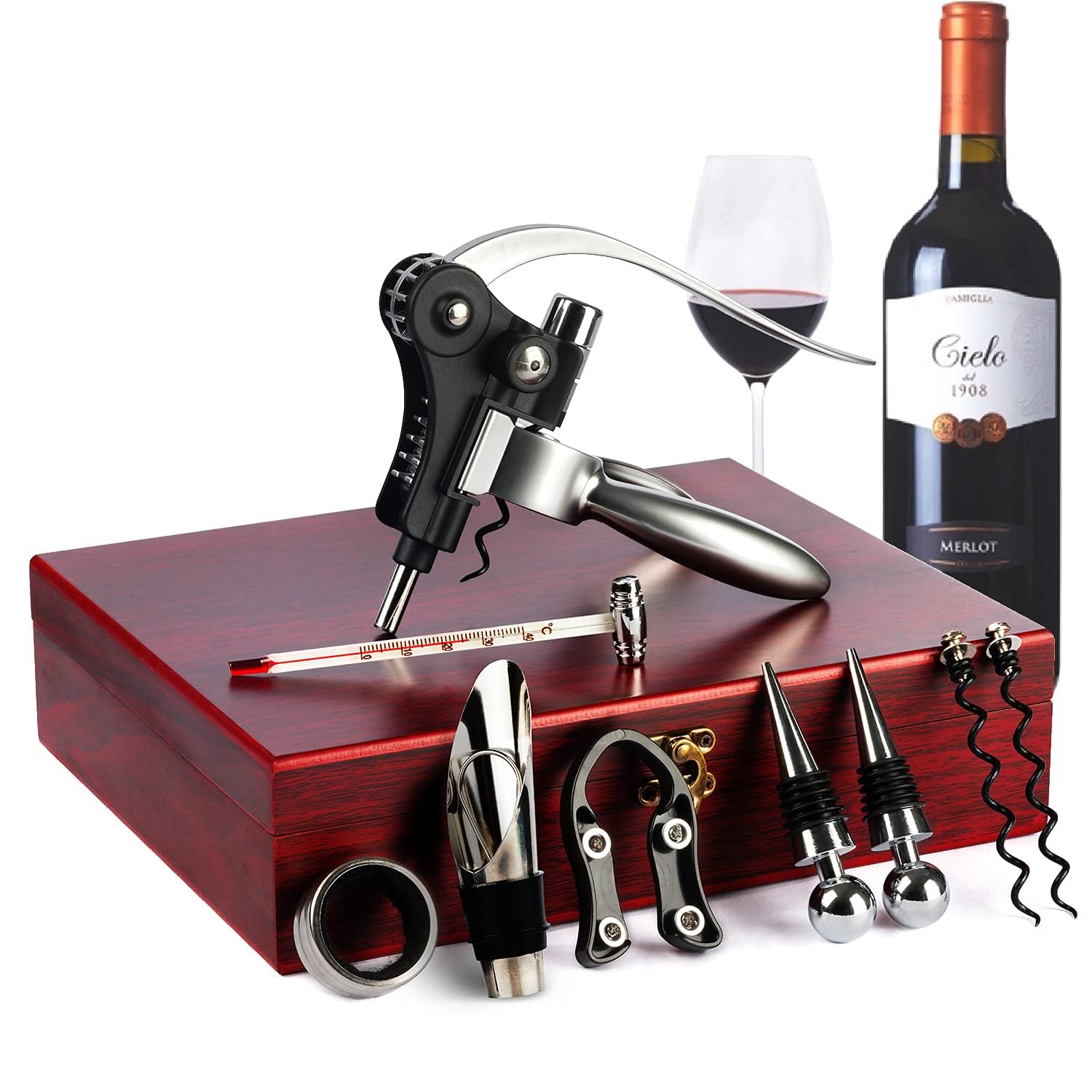 9-Pieces Corkscrew Wine Opener Set, Stainless Steel Cork Screw Rabbit Wine Bottle Opener Kit Including Foil Cutter, Pourer, Vacuum Wine Stopper Corkscrews etc, Ideal Wine Sets Gifts for Women & Men