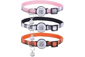 DOKITAG Cat Collar with Pet ID Tag,Breakaway Cat Collars,Cat Collar with QR Code,Cat Collar with Bells and QR,Pet Online Profile-Scan QR Receive Instant Pet Location Alert Email 3pack (Pink & Black & Orange)