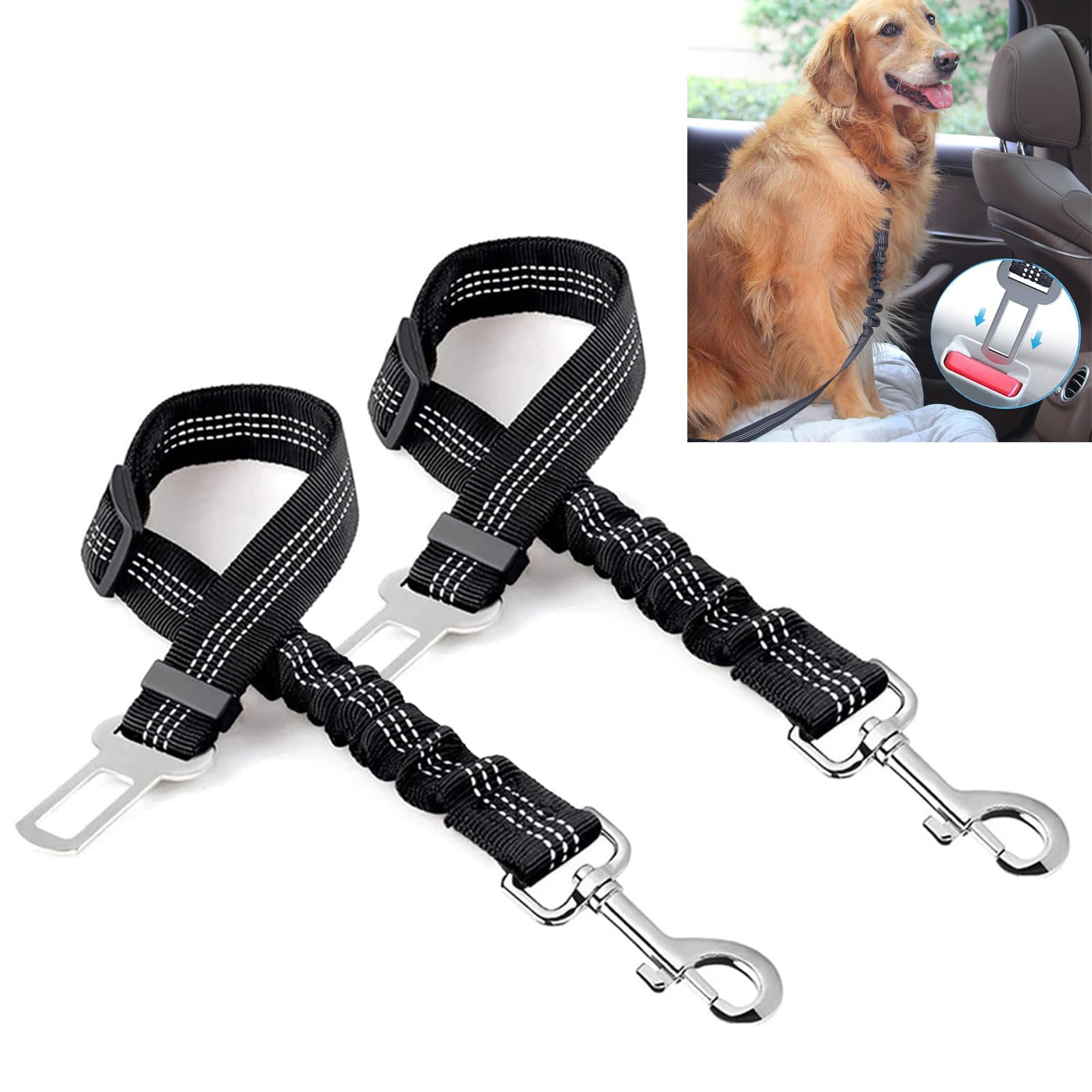 2 Pack Dog Seat Belts for Cars - Dog Seat Belt Adjustable Elastic Bungee - Strong Durable Dog Car Harness - Car Dog Seat Belt 360 Degree Swivel Attach Won't Twist, Reflective, Easy to Use