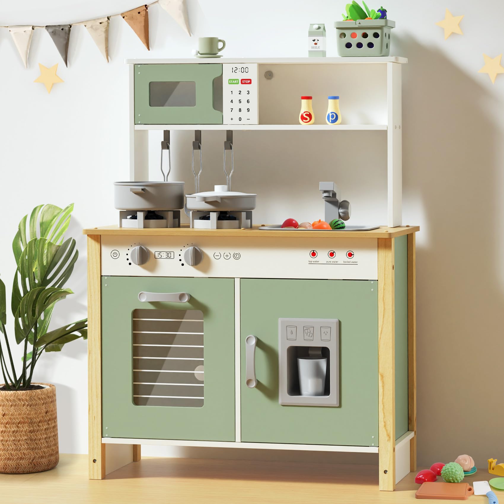 Photo 1 of ***probably missing parts*** Babytronic Kids Play Kitchen, Wooden Kitchen Playset for Kids Ages 3+ with Real Lights, Sounds, Stove, Sink, Oven, and 30 Pcs Accessories, Toys Kitchen Small Pretend Play Kitchen for Toddlers (Green)