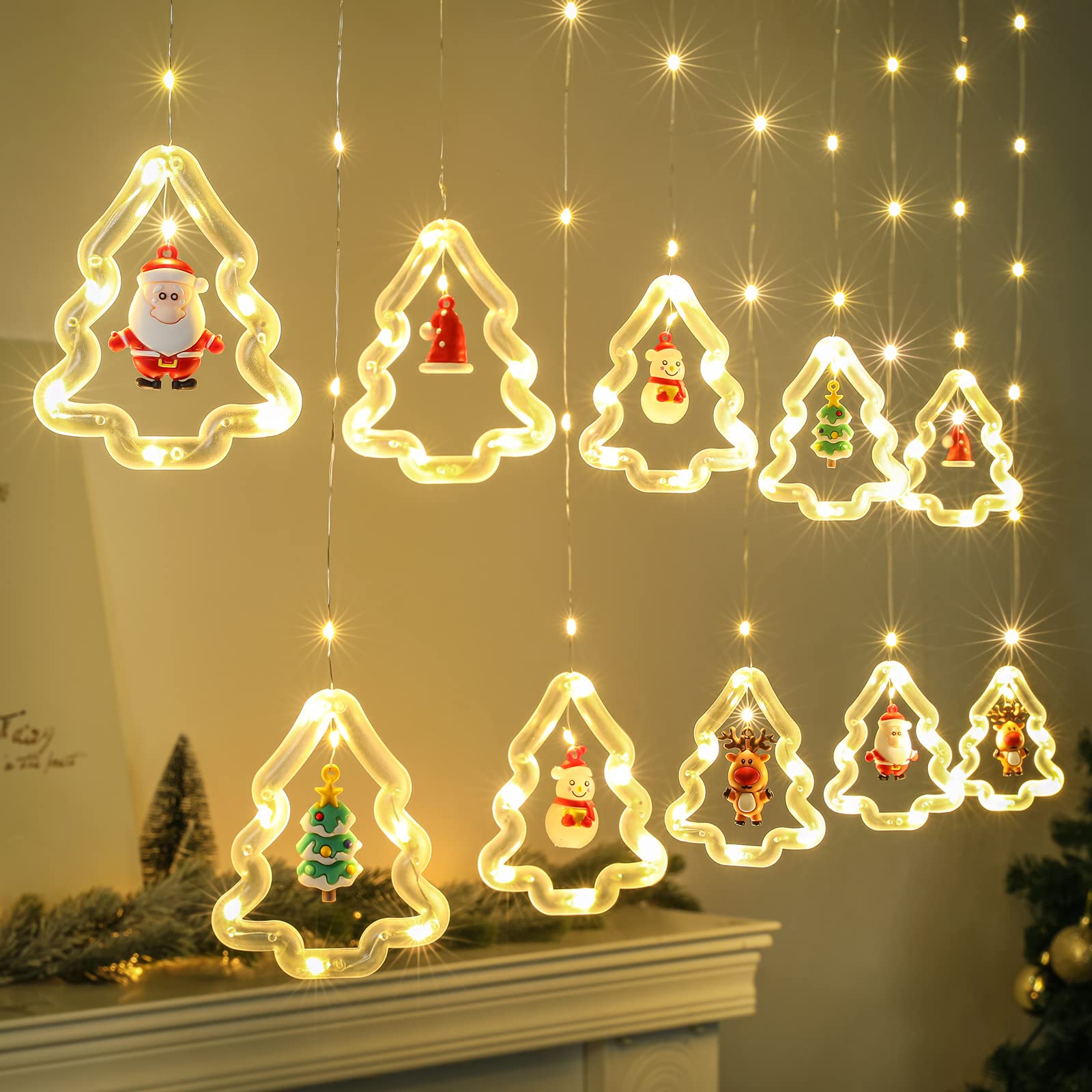BLOOMWIN Christmas Window Lights, 3m Christmas Curtain Lights USB Xmas Tree Fairy Lights Novelty Window Winter Decorations for Bedroom Indoor Home, Warm White