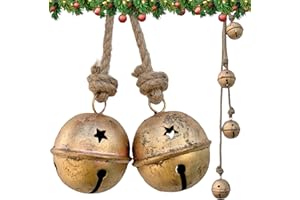 RW REPLICA WAREHOUSE Christmas Sleigh Bells, Hanging Bells Vintage Cowbell Brass Gold Rustic Harmony Metal Jingle Bells Cluster, Tree Bells on Jute Rope, Christmas Decor Ornaments
