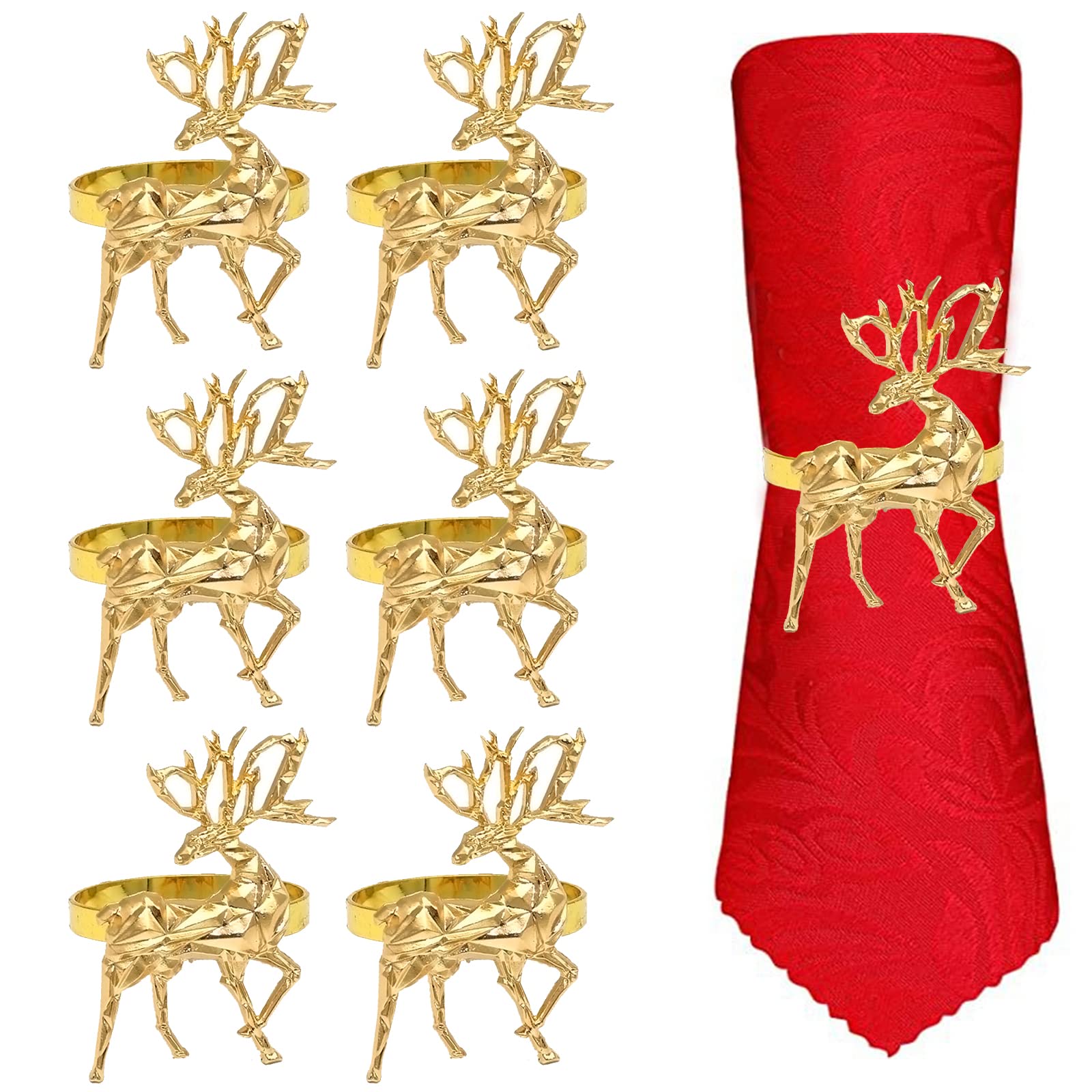Christmas Napkin Rings, 6 Pcs Christmas Reindeer Napkin Rings Metal Elk Deer Napkin Buckle Serviette Ring Holder for Table Decoration,Xmas,Thanksgiving,Weddings, Dinner (Gold, Diameter: 1.6 inch)
