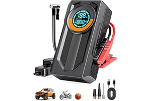 HIPOM Jump Starter with Air Compressor Battery Jumper Starter Portable Car Battery Jump Starter 8.0 Gas/7.0L Diesel 12V Portable Car Jump Starter with Tire Inflator LED Light，Gift for Men Fathers Husbands