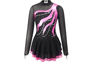 TSSOE Kids Girls Long Sleeve Sequins Printing Ice Roller Figure Skating Dress Illusion Ballet Dancewear