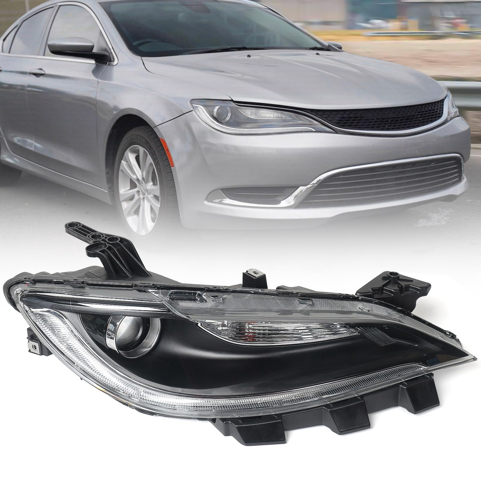 Photo 1 of Huray Halogen Headlight Assembly Fit for Chrysler 200 2015 2016 2017 RH Projector Headlamp w/LED DRL OE Style Replacement for CH2503292 68284787AA Right Passenger Side (Black Bezel)