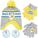 Nicklelodeon Boy's Baby Shark Winter Hat and 2 Pairs of Mittens Set (Toddler/Little Boys), Size Age 2-7, Yellow/Grey Glove with Handwarmers