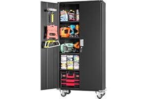 Greenvelly 72" Metal Garage Storage Cabinet with Wheels, Black Steel Locking Cabinet with 2 Doors and Adjustable Shelves, Rolling Metal Tool Cabinet for Garage, Home, Office, School