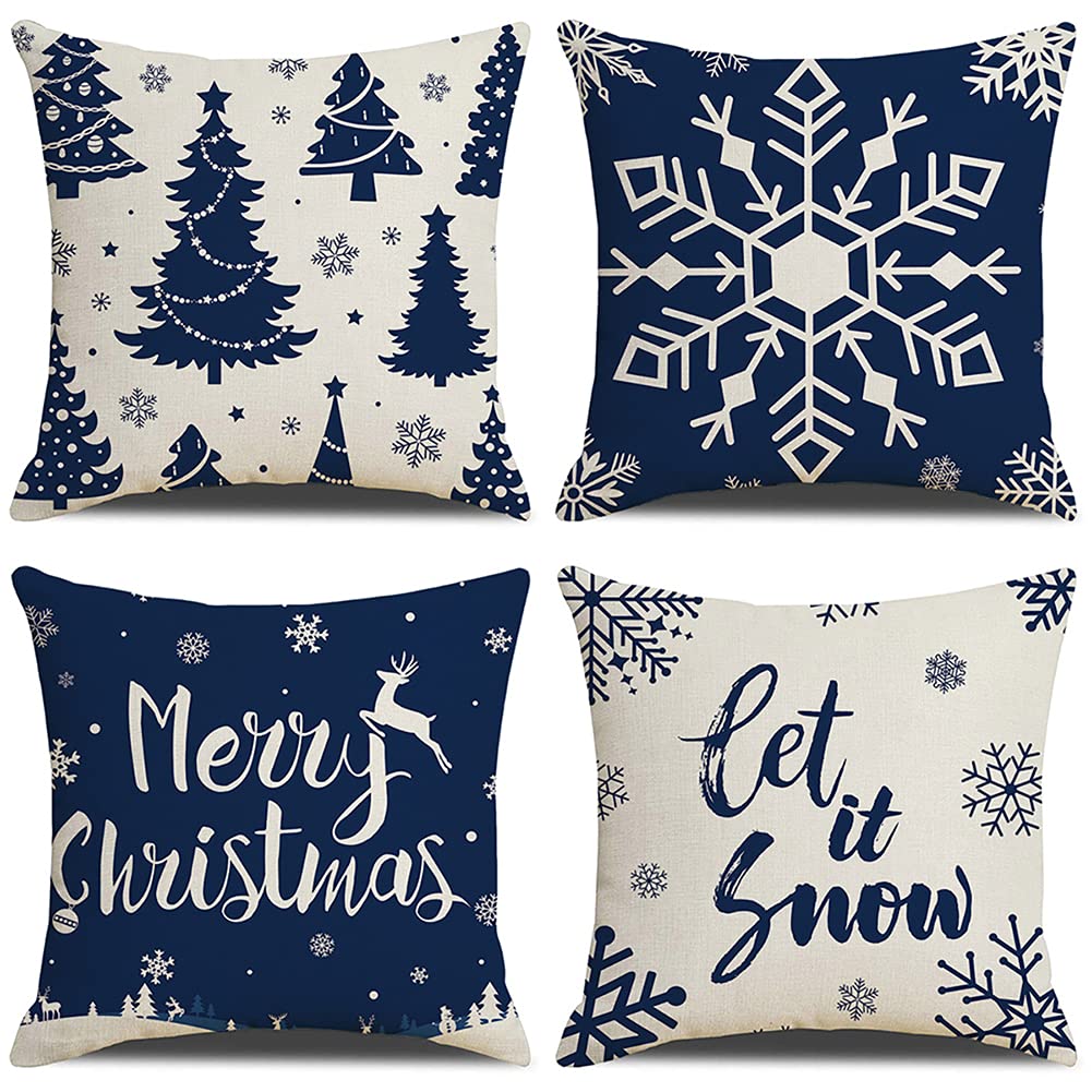 NANEEZOO Christmas Pillow Covers - 4 Pack Throw Pillow Covers Navy Blue Cotton Linen Cushion Covers Snowflake Pillowcase for Christmas living room Sofa Bed Home Decor, 18 x 18 Inch (Blue)