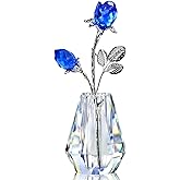 H&D HYALINE & DORA Blue Crystals Roses with Sliver Metal Stem Glass Figurine Ornament Wedding Gifts for Woman Home Party Decorations