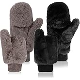 SATINIOR Faux Fur Mittens Fingerless Gloves Convertible Gloves Fluffy Winter Warm Soft Half Finger Fuzzy for Women